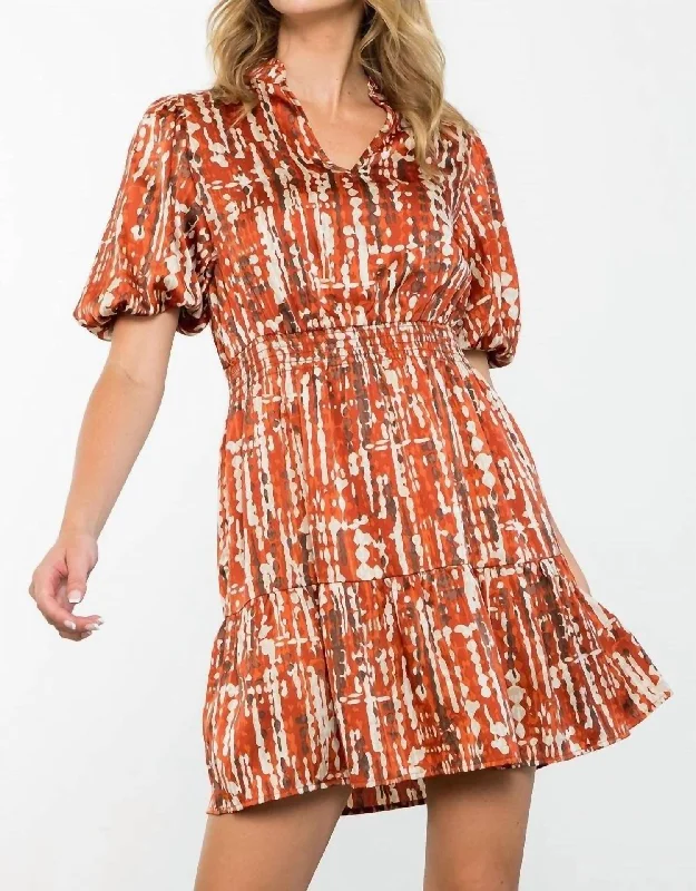 Puff Sleeve Print Dress In Rust Print Fall unclassified dresses