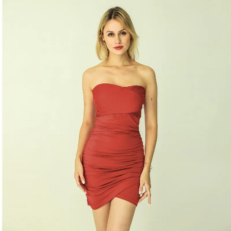 Pure Color Strapless Irregular Sleeveless Split Knee-length Dress Fall unclassified dresses