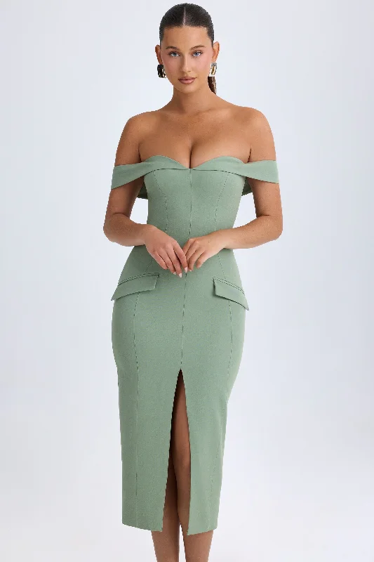 Off-Shoulder Midaxi Dress in Khaki Green Mesh unclassified dresses