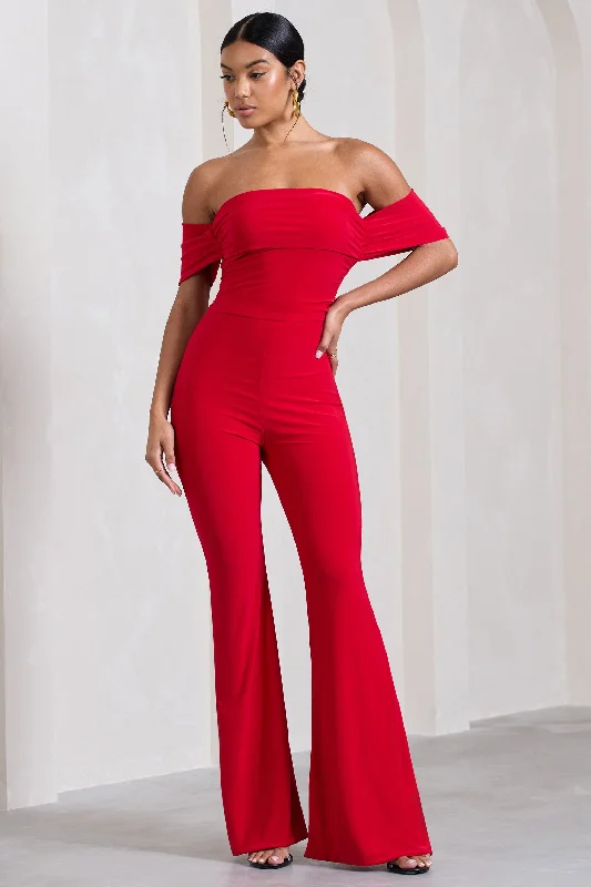 Red Carpet | Red Bardot Ruched Draped Jumpsuit Floral unclassified dresses