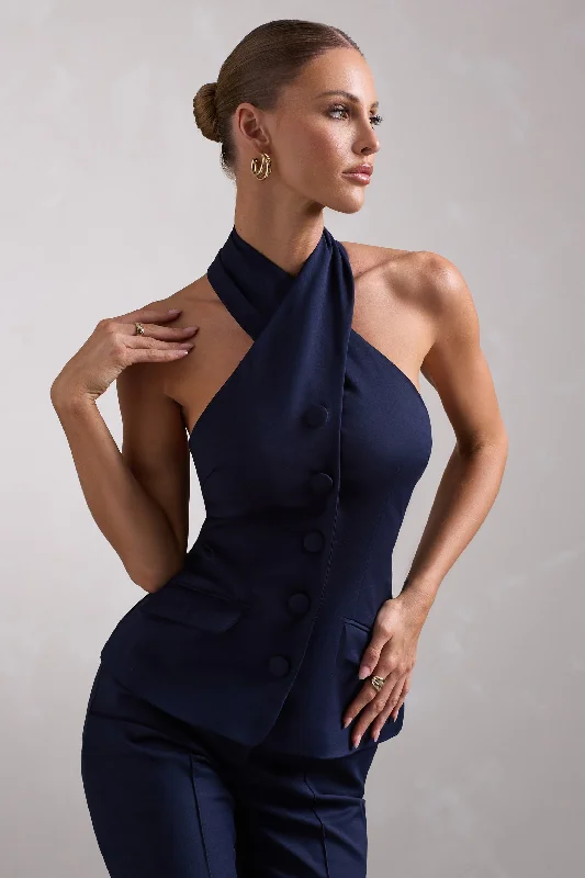 Remi | Navy Cross Halter Neck Tailored Sleeveless Blazer Top Luxury unclassified dresses