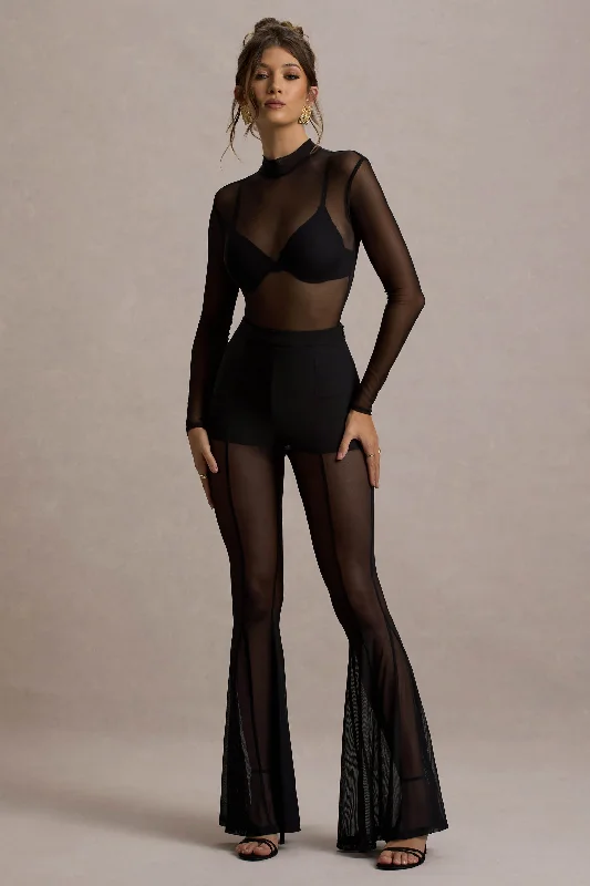 Romelle | Black Mesh Flared-Leg Trousers Anniversary unclassified dresses