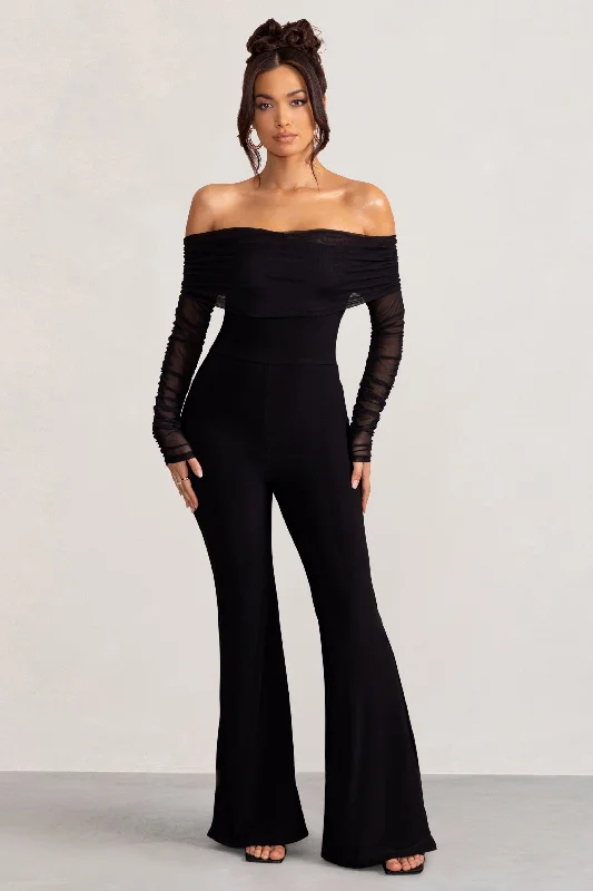 Whisper | Black Ruched Mesh Bardot Jumpsuit Printed unclassified dresses