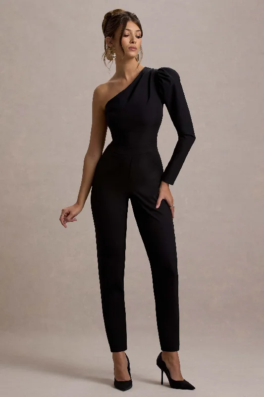 San Jose | Black One-Shoulder Puff-Sleeve Jumpsuit Lightweight unclassified dresses