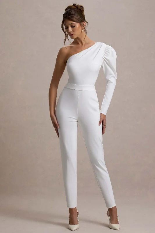 San Jose | White One-Shoulder Puff-Sleeve Jumpsuit Dark color unclassified dresses