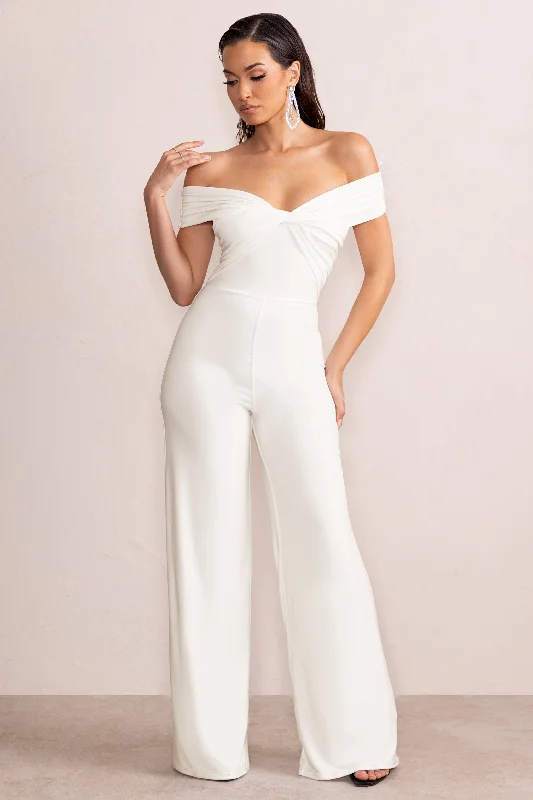 Say Less | White Bardot Front Wrap Wide Leg Jumpsuit Casual chic unclassified dresses