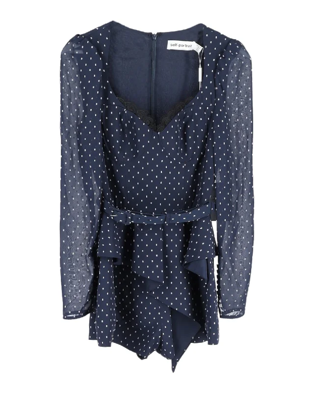 Self-Portrait Polka Dot Print Square Neckline Romper in Navy Blue Polyester Luxury unclassified dresses