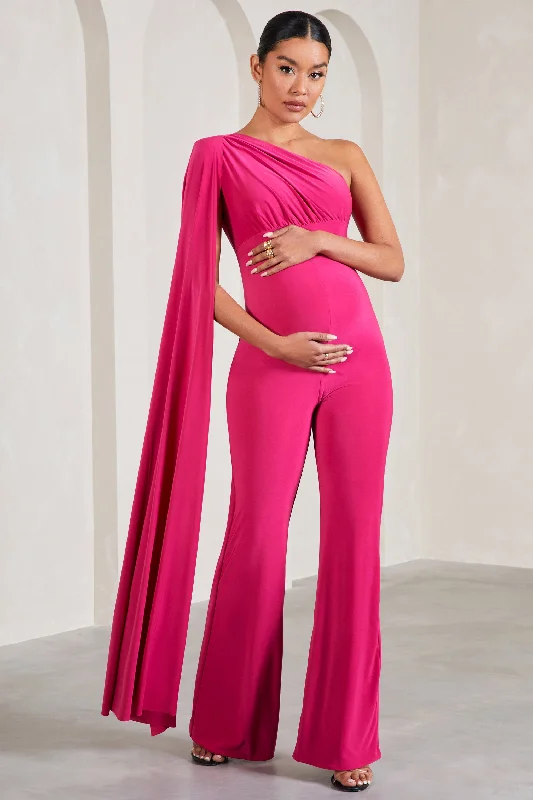 Sing To Sleep | Hot Pink Maternity One Shoulder Cape Jumpsuit Ruched unclassified dresses