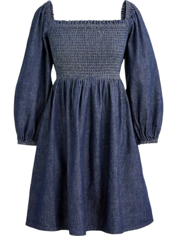 Smocked Puff Sleeve Dress In Blue Chambray Date night unclassified dresses