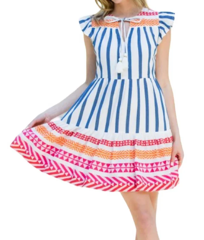 Striped Flutter Sleeve Dress In White Multi Affordable unclassified dresses