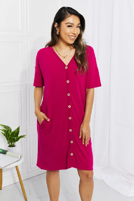 Sunday Brunch Button Down Knee-Length Dress in Magenta Floral unclassified dresses