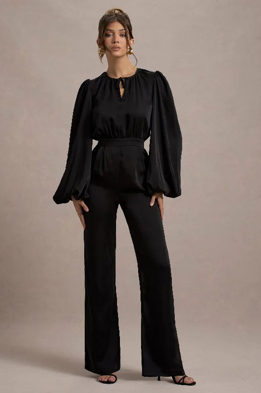 Suzanna | Black Satin Puff-Sleeve Wide-Leg Jumpsuit Short unclassified dresses