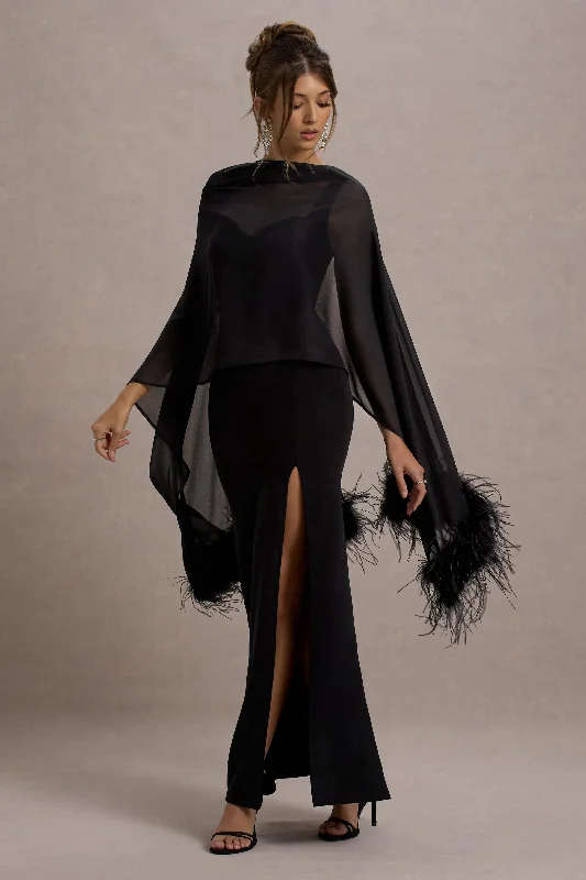 Swoon | Black Chiffon Feather-Trim Shawl Petite unclassified dresses