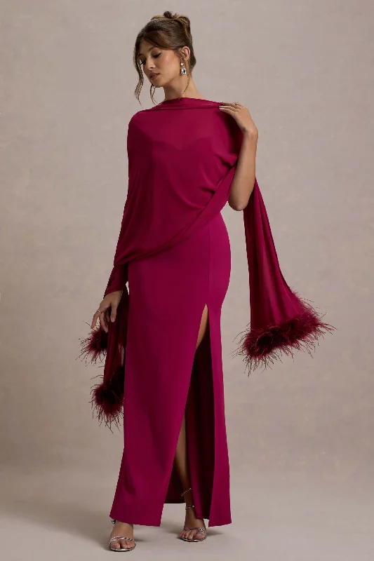 Swoon | Mulberry Chiffon Feather-Trim Shawl Velvet unclassified dresses