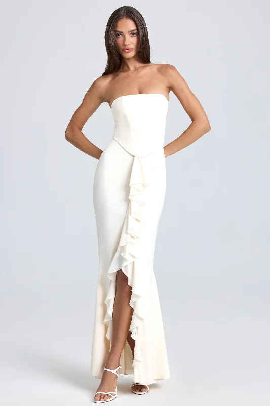 Bandeau Ruffle-Trim Corset Gown in Ivory Soft fabric unclassified dresses