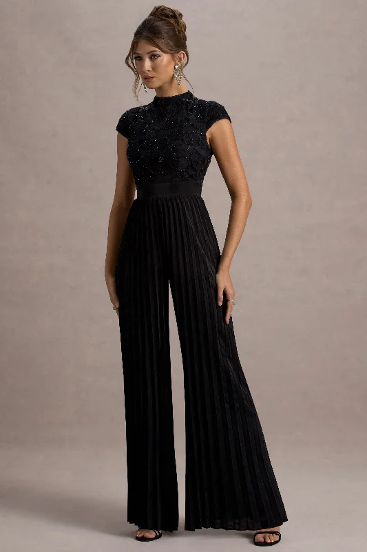 Tanner | Black Cap-Sleeve Plisse Wide-Leg Jumpsuit Ruched unclassified dresses