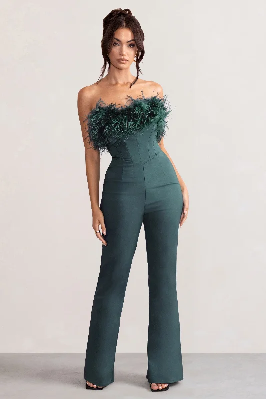 Tessa | Bottle Green Shaped Neckline Corset Jumpsuit With Feather Trim Detail Boho unclassified dresses