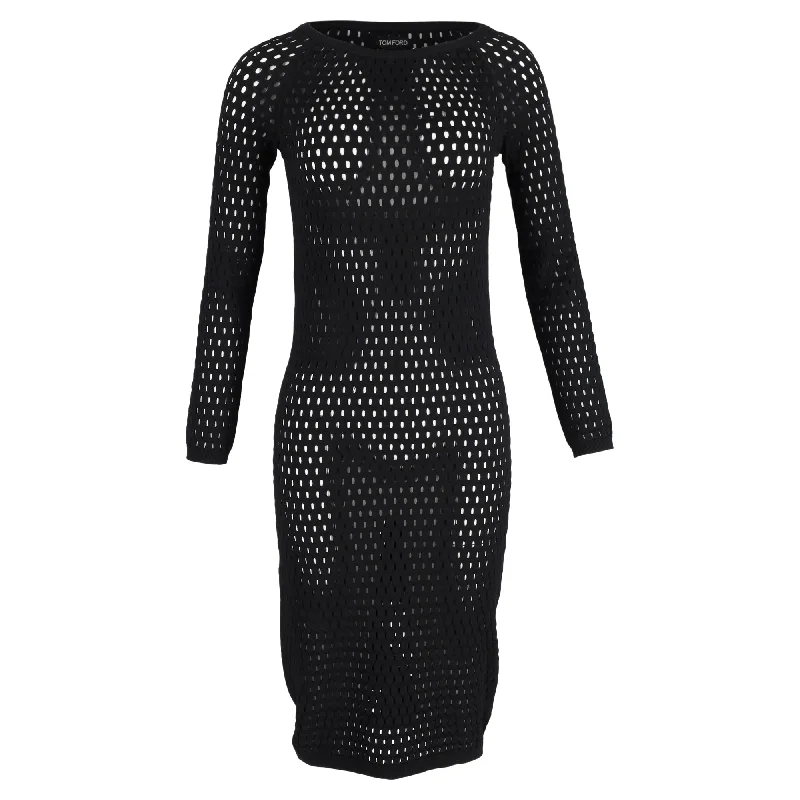 Tom Ford Perforated Dress in Black Wool Earthy tone unclassified dresses