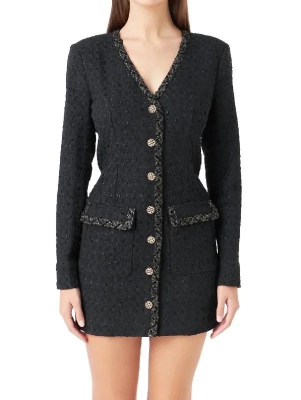 Trim Detail Tweed Dress In Black Smocked unclassified dresses