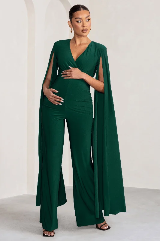 Triumph | Bottle Green Plunge Neck Maternity Jumpsuit with Cape Sleeves Open-back unclassified dresses