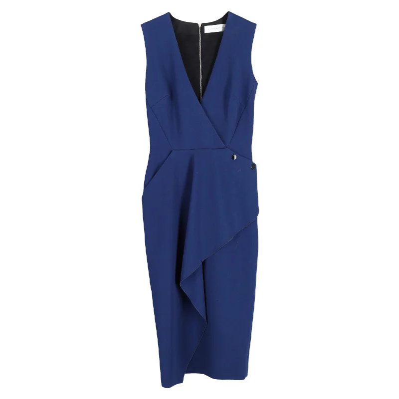 Victoria Beckham Deep V-Neck Asymmetric Ruffle Dress in Navy Blue Wool Travel unclassified dresses