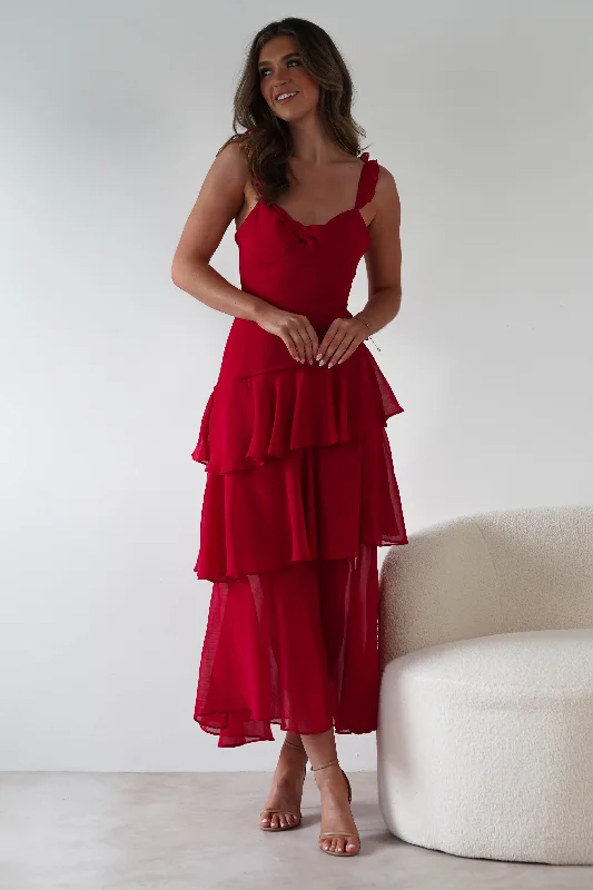 Victoria Ruffle Midaxi Dress | Red Neutral tone unclassified dresses