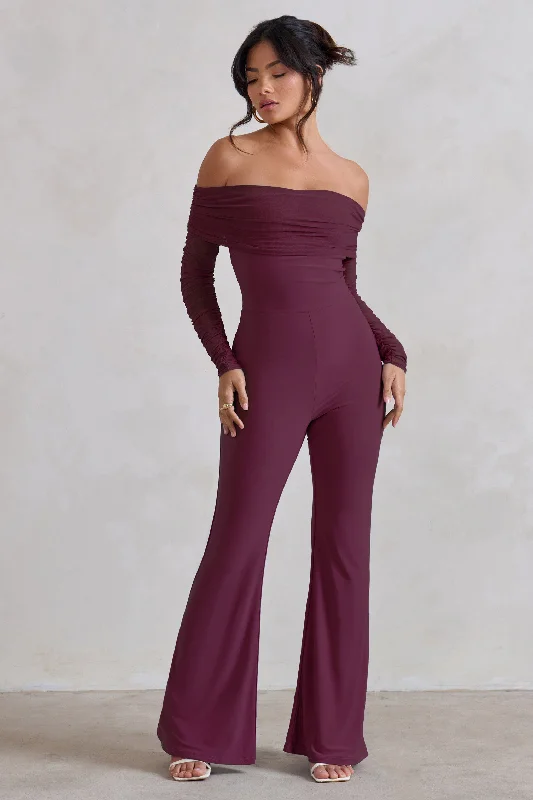 Whisper | Burgundy Ruched Mesh Bardot Jumpsuit Corset unclassified dresses