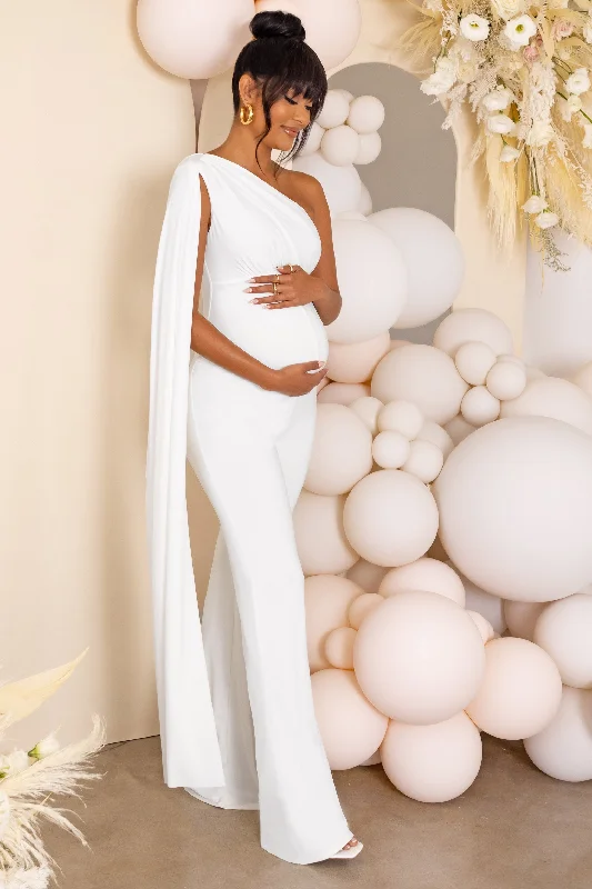 Sing To Sleep | White Maternity One Shoulder Cape Jumpsuit Winter unclassified dresses