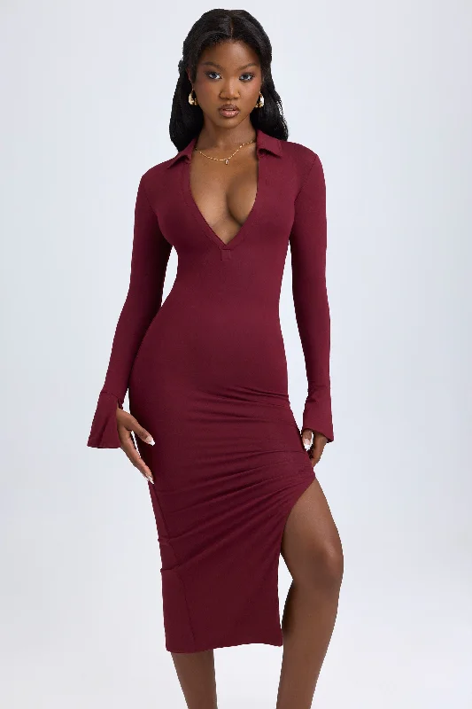 Modal Plunge V-Neck Midaxi Dress in Wine Red Dark color unclassified dresses